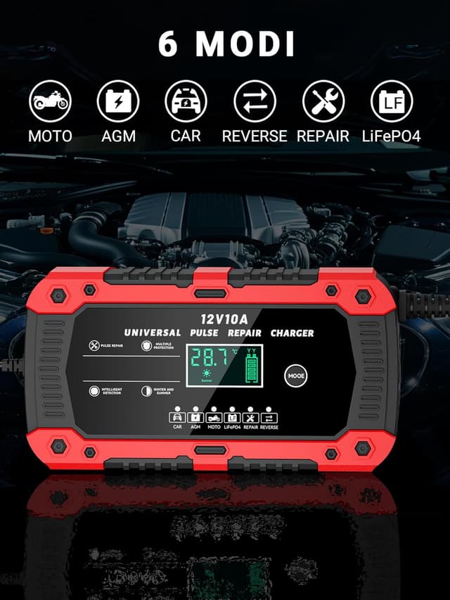 Detalle de Autobatterie-Ladegerät 12V 10A mit LCD, Temperaturkompensation & Rekonditionierungsmodus