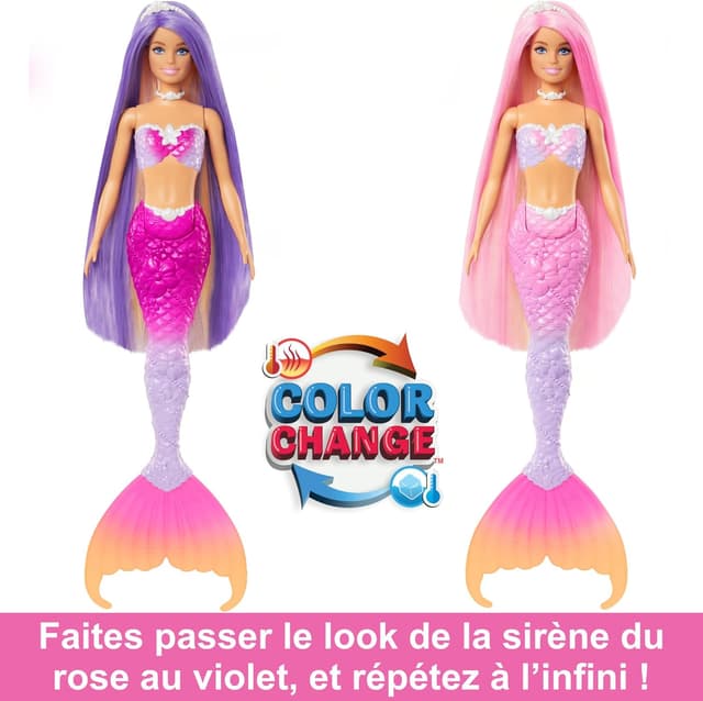 Detalle de Barbie Sirène « Malibu » HRP97 aux cheveux roses (changement de couleur) avec accessoires coiffure et mini dauphin