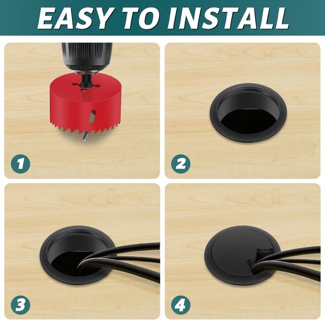 Detalle de Yeepeo 10er Set Kabeldurchführung für Schreibtisch, 60 mm Kabeldurchlass (mit 60-mm Lochsäge) in Schwarz