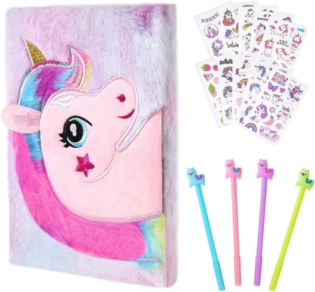 Detalle de OFFCUP Tagebuch Einhorn Plüsch (A5) – geheimes Plüsch-Notizbuch mit 10 Tattoo-Stickern und Gelstiften