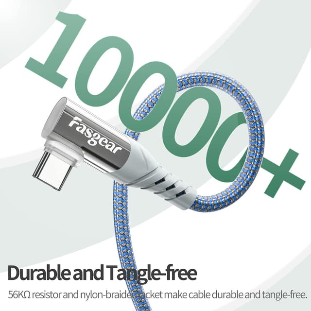 Detalle de Fasgear USB-C 90 Degree Cable (Right Angle) – 3A Fast Charging & 480 Mbps, 10ft, Blue