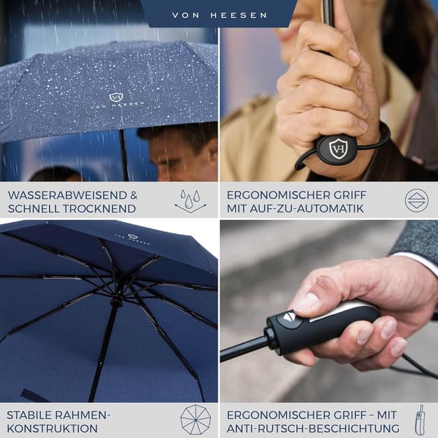 Detalle 2 de VON HEESEN Taschenschirm sturmfest bis 140 km/h inkl. Schirm-Tasche & Reise-Etui