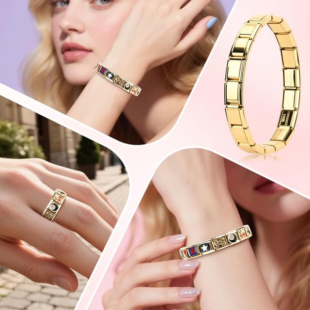 Thumbnail 6 de Ouxayapl Italian Charm Armband Gold-Set mit 18 Grundgliedern, 8 Charms und Öffnungswerkzeug (DIY)