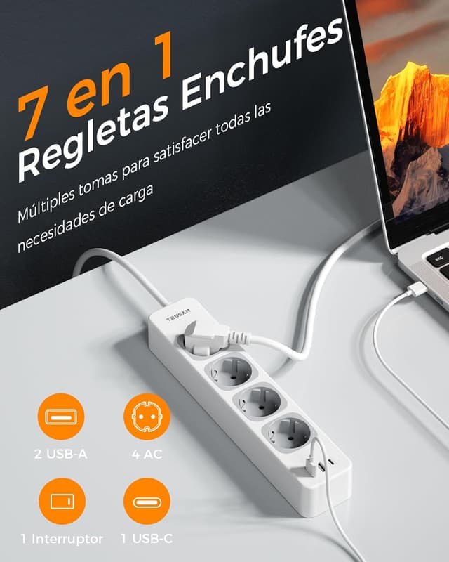 Detalle 2 de TESSAN Regletas 7 en 1 con USB C y A, 10m ⚡