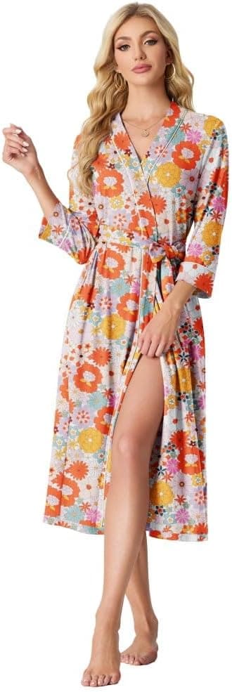 Detalle de PrinStory Women’s 95% Rayon 3/4 Sleeve Kimono Dressing Gown with Pockets & Fixed Belt