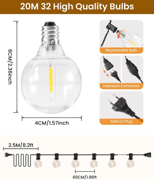 Detalle de Rintea Catena Luminosa da Esterno da 20 m con 30+2 LED 2700K IP44