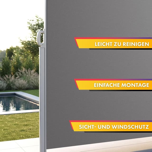 Detalle de KARAT ALU Seitenmarkise ausziehbar in Hellgrau, 180 x 300 cm – Sicht- und Windschutz für Balkon, Terrasse & Garten
