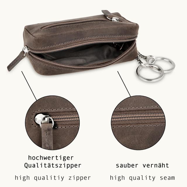 Detalle de Manage XXL Schlüsselmäppchen mit 2 separaten Reißverschlussfächern aus echtem Leder – kompaktes Schlüsseletui für Auto- und Schlüsselbund