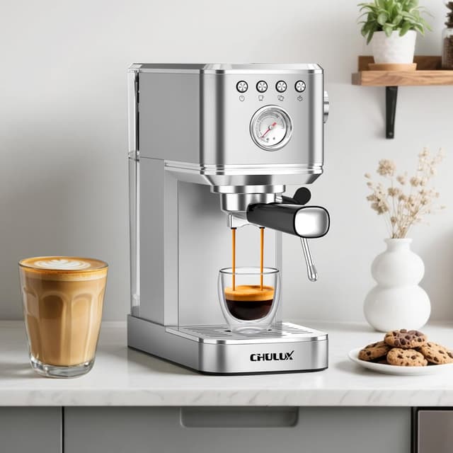 Detalle de CHULUX Slim Espresso Machine with Milk Frother (20 Bar) — Stainless Steel, Compact Home Cappuccino & Latte Maker