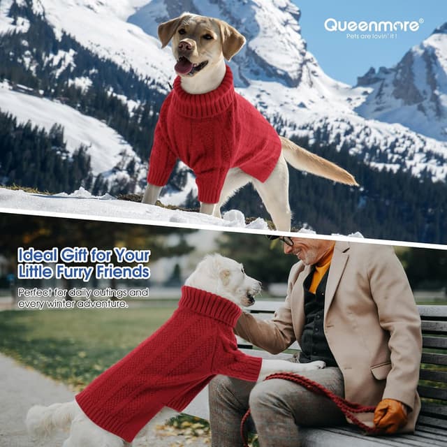 Detalle de Queenmore Hundepullover für kleine Hunde mit Rollkragen-Zopfmuster (Rot, S)