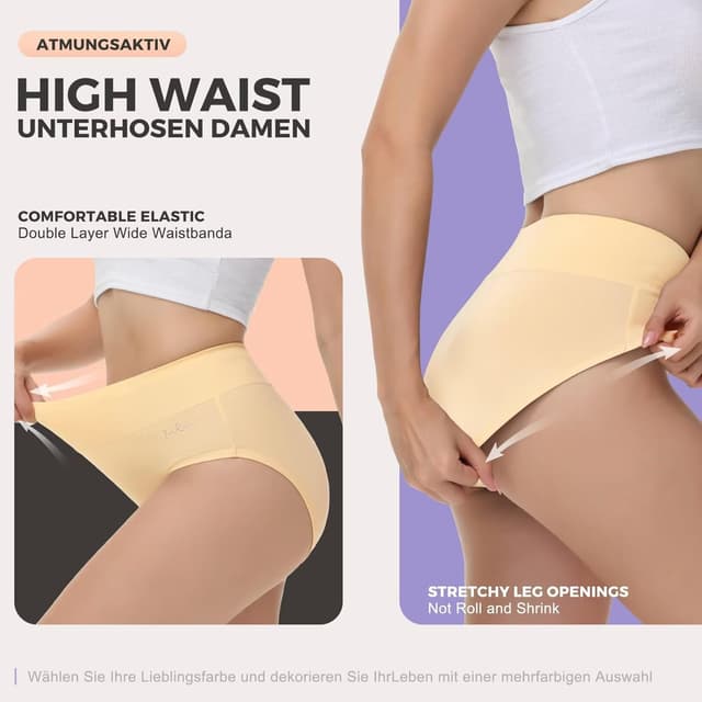 Detalle de IceReco Damen-Unterhosen aus Baumwolle im 5er-Pack mit hoher Taille (Slips) – atmungsaktiv & weich