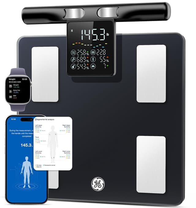 Detalle de GE Smart Scale for Body Weight (8-Electrode) — 400 lb capacity with full-body composition analysis and Bluetooth app sync (Black)