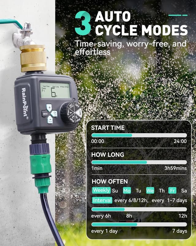 Detalle de RAINPOINT Water Timer with Brass Inlet – 3 independent programmes, rain delay & IP54 hose sprinkler timer