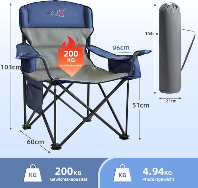 Thumbnail 2 de RELAX FIELD Campingstuhl faltbar bis 200 kg mit hoher Rückenlehne, Getränkehalter und Kühltasche (blau)