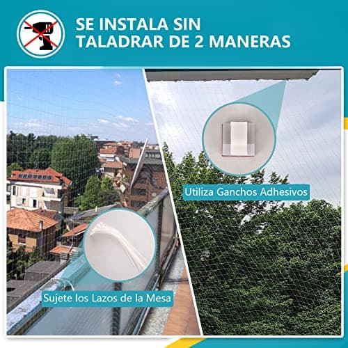 Detalle 2 de NieKilig red para gatos transparente 8x3 m (sin taladro) para terraza, balcones y ventanas