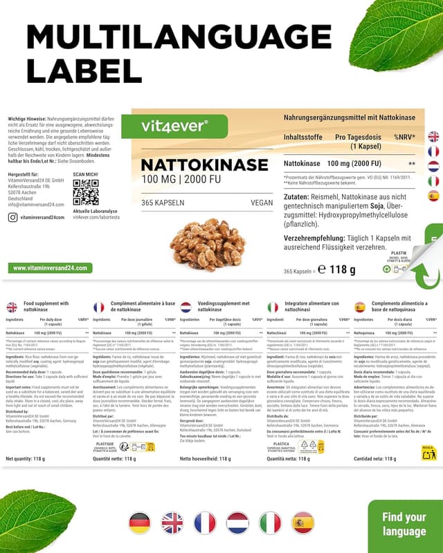 Detalle 2 de Vit4ever Nattokinase – 365 Kapseln à 100 mg (20.000 UF/g), vegan, ohne Gentechnik