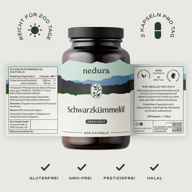 Thumbnail 6 de nedura® Schwarzkümmelöl Kapseln (400 Stück) – kaltgepresst, gefiltert, 1.000 mg Tagesdosis in veganer Kapselhülle
