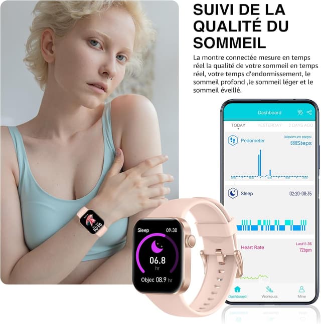 Detalle de Montre connectée ASEEYIRJ P2 (1,85") avec appels Bluetooth, 140+ modes sportifs et suivi santé IP68