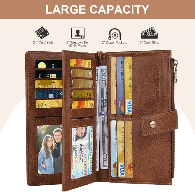 Detalle de Vicloon portefeuille femme en cuir PU RFID, format 20 x 11 x 4 cm avec 24 emplacements et poche zippée