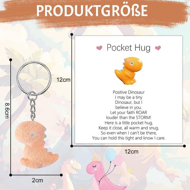 Detalle 2 de Komergave Pocket Hug Dino Schlüsselanhänger mit Karte – Glücksbringer für die Einschulung