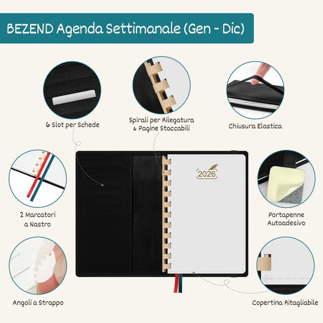 Detalle 2 de BEZEND Agenda 2026 settimanale piccola con spirale 17 x 11 cm e diario tascabile da gennaio a dicembre