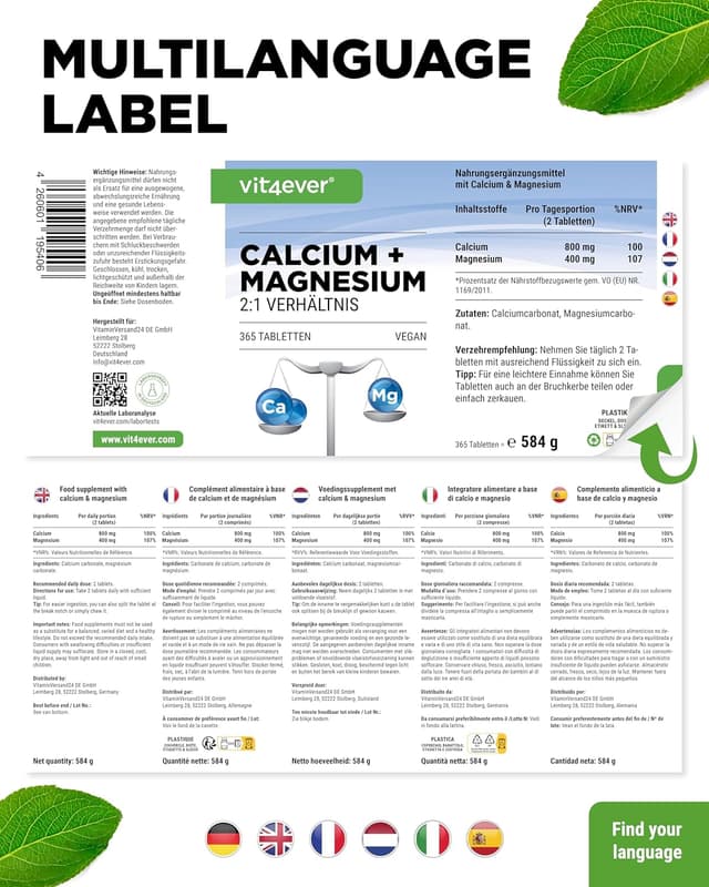 Thumbnail 5 de Calcium 800 mg + Magnesium 400 mg (2 Tabletten) - 365 Tabletten - 6 Monatsvorrat - Kalzium + Magnesium-Komplex im 2:1 Verhältnis - Vegan - Hochdosiert
Calcium 800 mg + Magnesium 400 mg (2 Ta…