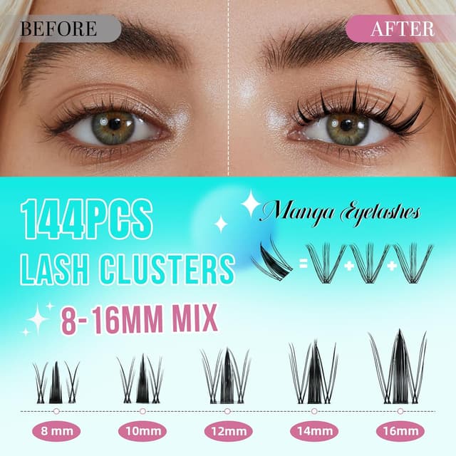 Detalle de Manga Lash Clusters Kit (144PCS) with Invisible Lash Band, Bond & Seal, Remover, and Applicators (8–16mm)