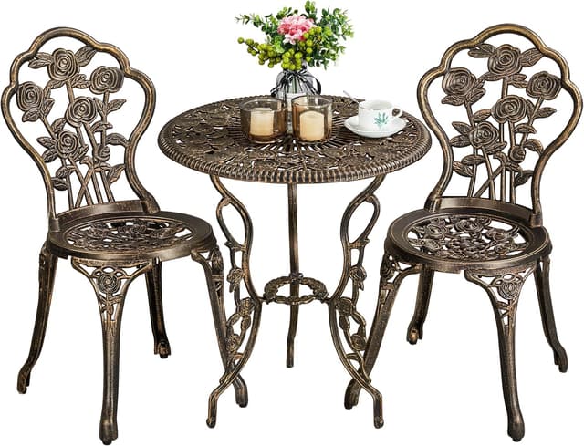 Detalle de Yaheetech Bistro-Set (3-tlg.) im antiken Bronze-Look mit Stühlen und Sitzhockern
