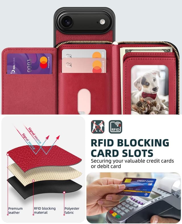 Detalle 2 de OCASE Hülle für iPhone Air – RFID-Schutz, Reißverschluss-Geldbörse mit Kartenfächern & abnehmbarem Lanyard/Handgelenkband