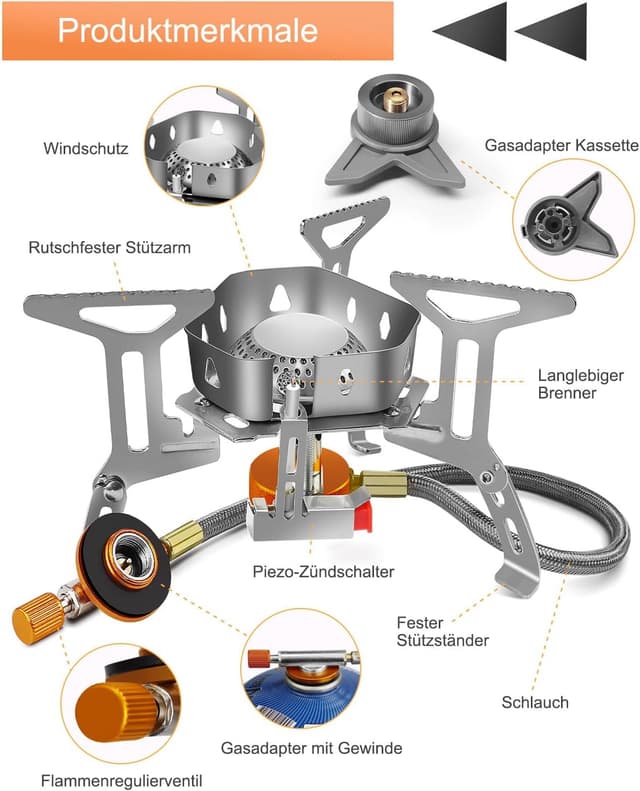 Detalle de AUTOPkio Campingkocher 3500 W – winddichter Gaskocher mit Piezozündung, faltbar