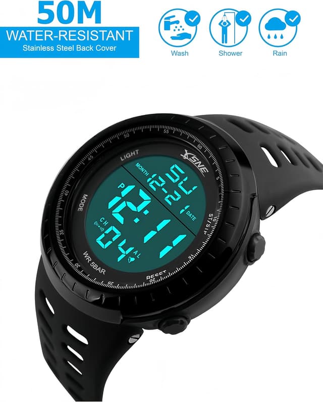 Detalle 2 de SNE Men’s Digital Big Face Waterproof Electronic LED Sport Wrist Watch (Black) SK1167