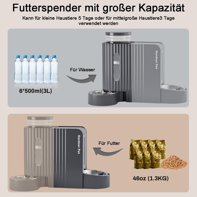 Detalle de Gardner Pet automatischer Futter- und Wasserspender (2 Näpfe, 3 L + 1,3 kg), nicht elektrisch, BPA-frei