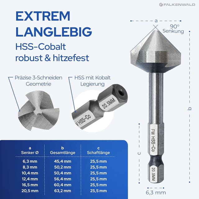 Detalle 2 de Falkenwald Kegelsenker Set HSS-CO Stahl 6-teilig