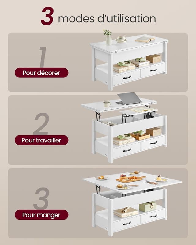 Thumbnail 4 de VASAGLE LCT254W02 table basse relevable 45min 🛋