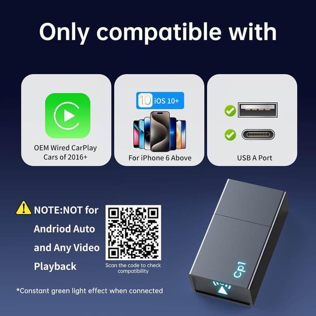 Detalle de YJLUUJL Wireless CarPlay Adapter for iPhone (Plug & Play, 5.8 GHz WiFi + Bluetooth 5.3) — for Cars from 2016