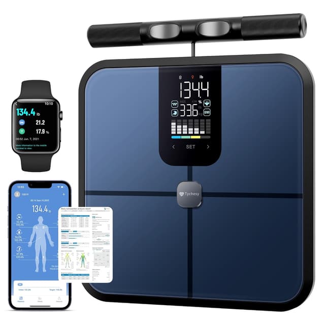 Detalle de Tychesy Balance impédancemètre professionnelle à 8 électrodes — analyse segmentale et suivi Bluetooth (bleu)