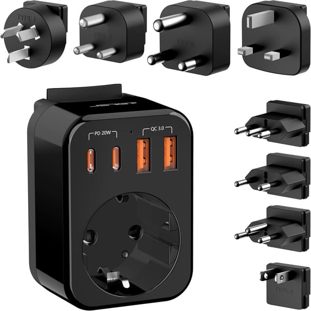 Detalle de Reiseadapter Weltweites Set – Universal Steckdosenadapter mit USB‑C (PD 20 W) und 8 abnehmbaren Steckern für viele Länder