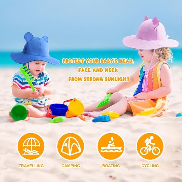 Detalle 2 de DRESHOW Baby Sonnenhut mit Bärenohren, UPF 50+ und Kinnriemen (breite Krempe)