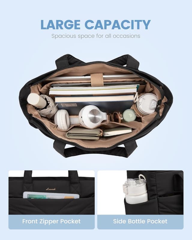 Detalle 2 de LOVEVOOK women’s lightweight puffer tote bag with zip and padded laptop compartment