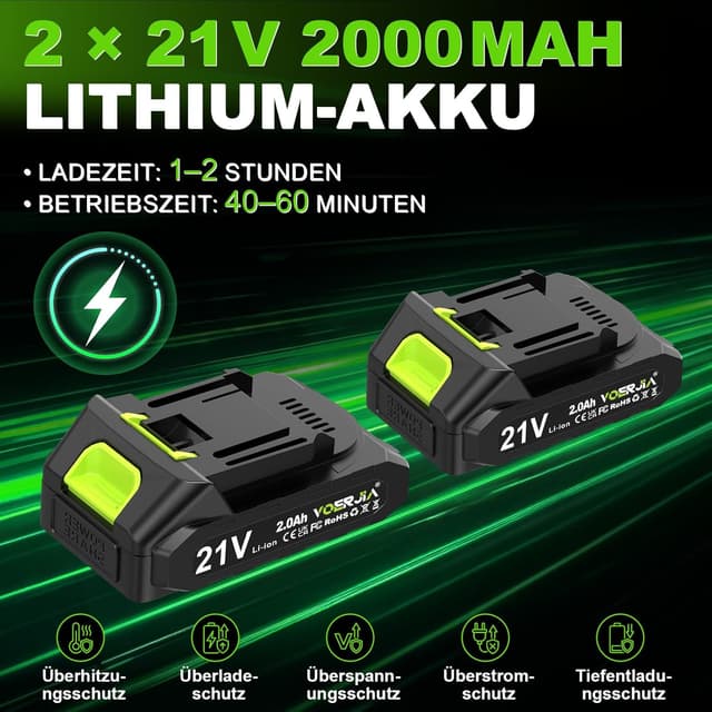 Thumbnail 6 de VOERJIA Rasentrimmer Akku 21V mit 2 Akkus, Ladegerät und 4-in-1 Mähsystem (LCD)