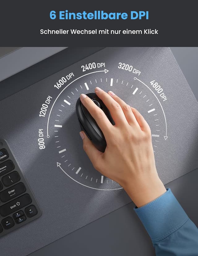 Detalle 2 de TECKNET ergonomische Bluetooth-Maus (BT 5.0/3.0 + 2,4G), wiederaufladbar, 3-Geräte, 6 Tasten, 4800 DPI