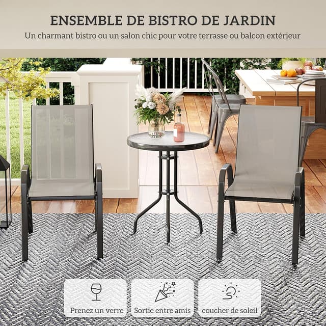 Detalle de Ensemble Outsunny 3 pièces pour salon extérieur : 2 fauteuils empilables + table basse en verre trempé (gris clair)
