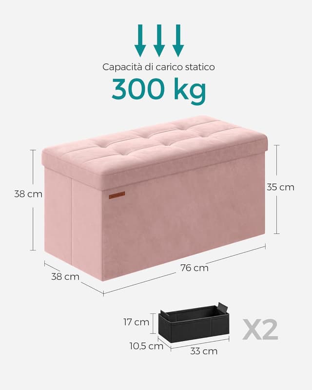 Detalle de SONGMICS cassapanca/pouf contenitore pieghevole rosa pastello LSF247R01, 38 x 76 x 38 cm, fino a 300 kg
