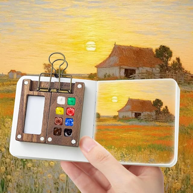 Thumbnail 6 de 5 Pcs Portable Watercolor Palette (8 grids) travel watercolour set with foldable wooden lid and sketchbook