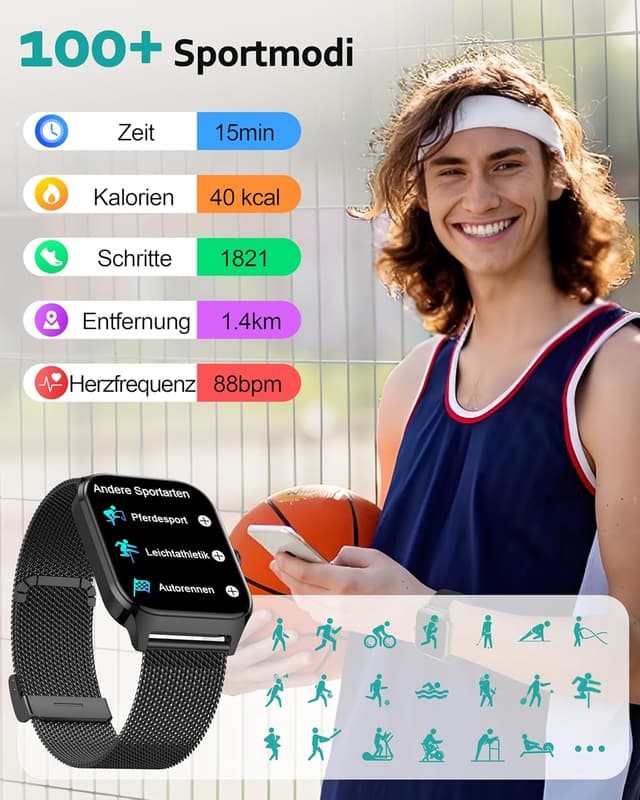Detalle 2 de Popglory Smartwatch P125 mit Telefonfunktion – Gesundheitsmonitor, 1,85" HD-Display & Fitnessuhr