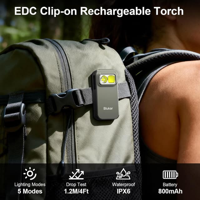Detalle 2 de Blukar Aufladbare LED-Taschenlampe 800L Mini Clip mit Flutlicht, Spotlicht & Rotlicht (EDC, 5 Modi, IPX6)