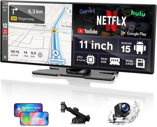 Detalle de LAMTTO 11 Zoll Wireless CarPlay & Android Auto Display mit Gemini AI, Android 15 (4+64GB) und 1080P Rückfahrkamera