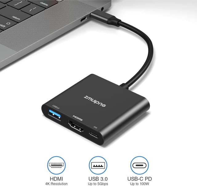 Detalle 2 de Black 3-in-1 USB-C to HDMI Adapter with 4K HDMI, USB 3.0 and 100W PD charging