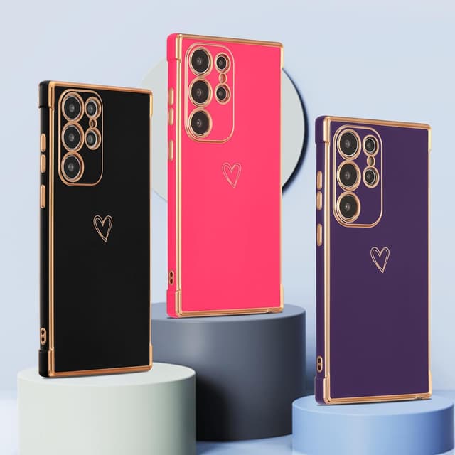 Detalle de ZTOFERA Handyhülle für Samsung Galaxy S24 Ultra 5G (6,8") – Silikon-Bumper mit Herz & goldenem Rand, dunkelviolett