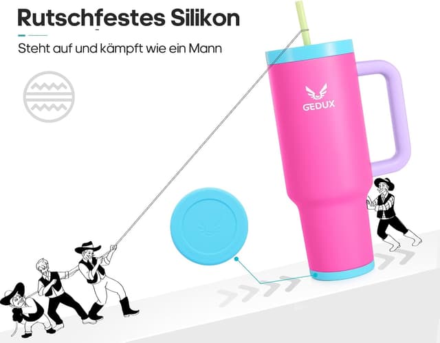 Detalle 2 de Gedux Trinkflasche mit Strohhalm 1,2 l – Thermobecher mit Griff, auslaufsicherem Deckel & Vakuumisolierung